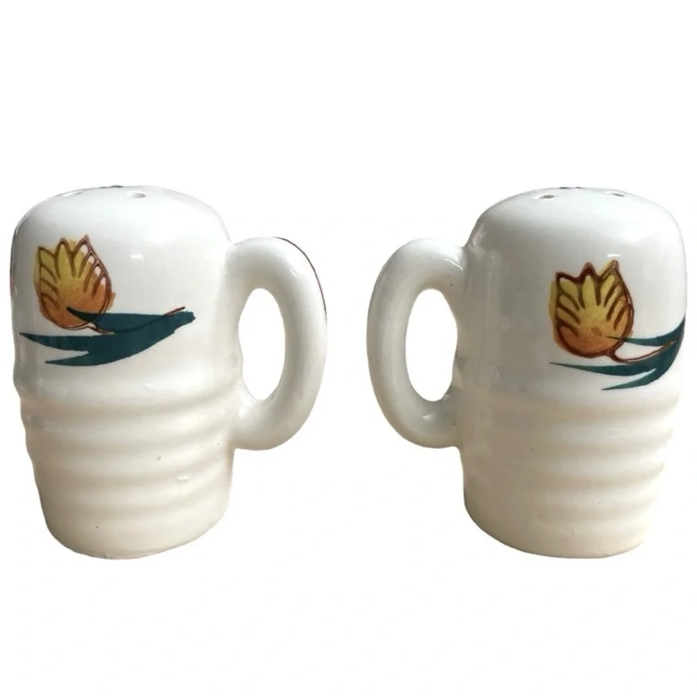 Vintage Hand Painted Floral Salt & Pepper Shakers Handles Portugal Style